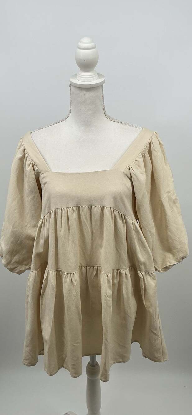 SNDYS x Revolve Lottie Oat Linen Puff Sleeve Babydoll Mini Dress US 2